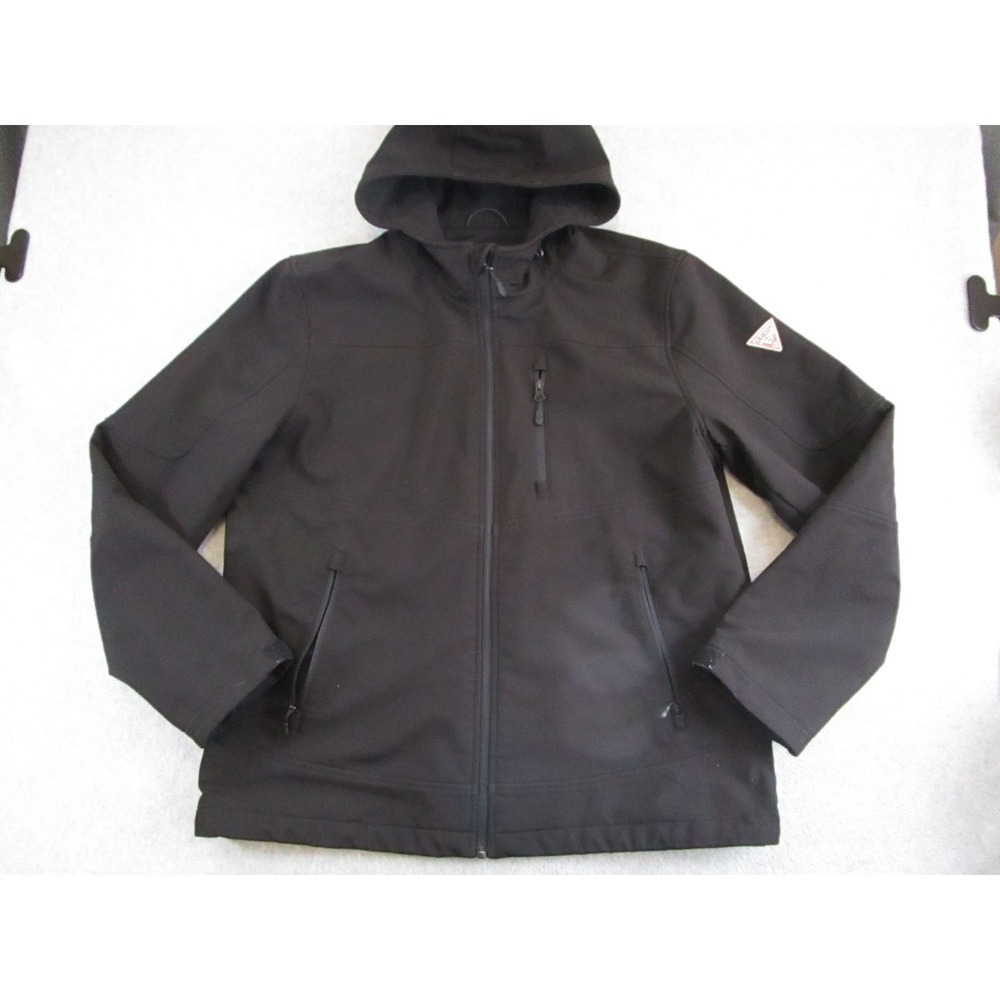 GUESS Jacket‎ Mens Extra Large Black Hooded Softshell Full Zip Coat Windbreaker